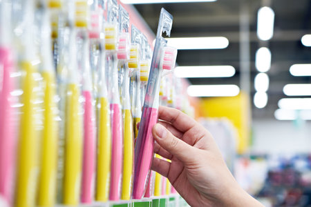 Toothbrush in a package in hand in the storeの写真素材