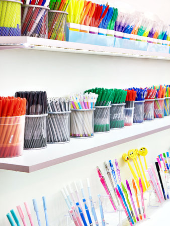 Colored pens in school and office supplies storeの写真素材