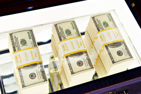 Stack bundles of banknotes on 100 dollarsの写真素材