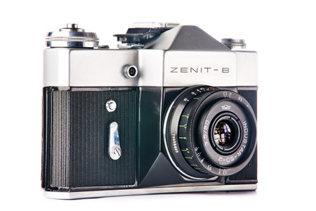Moscow , RUSSIA - APRIL 27, 2020: Zenit-B - Old russian soviet 35 mm SLR camera with manual exposure 1968 isolated on white backgroundのeditorial素材