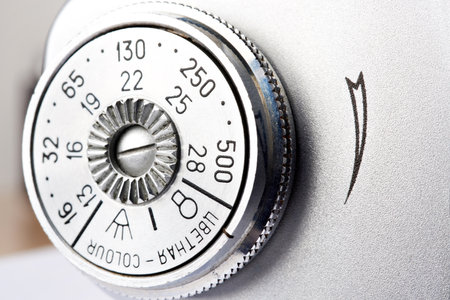 Moscow , RUSSIA - APRIL 27, 2020: ISO dial switch of Zenit-B - Old russian soviet 35 mm SLR camera 1968のeditorial素材