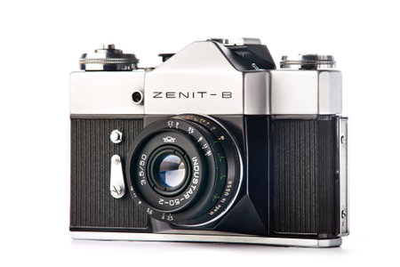 Moscow , RUSSIA - APRIL 27, 2020: Zenit-B - Old russian soviet 35 mm SLR camera with manual exposure 1968 isolated on white backgroundのeditorial素材