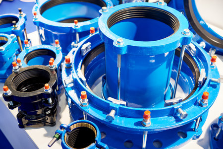 Compensating coupling of shut-off valves of the water supply system at the exhibitionの写真素材