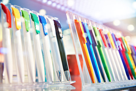 Modern colored plastic ballpoint pens on store display