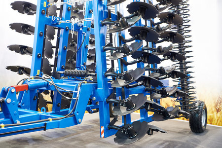 Disc harrow folded at an exhibition of agricultural machinery