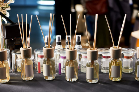 Wooden sticks with fragrant liquids on display