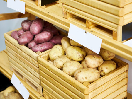 Potatoes in wooden boxes on a store counterの写真素材