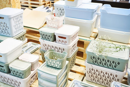 Plastic containers in the store of household goods