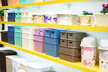 Plastic containers in the store of household goodsの写真素材