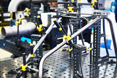 Table with clamps for welding at industrial exhibition