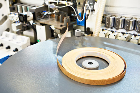 Single sided automatic edge banders on factoryの写真素材