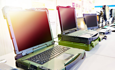 Protected military industrial computers and laptops on exhibition