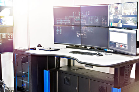 Workplace and the computer monitors power plant operator