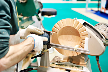 Carpenter hands working with wood on the machine