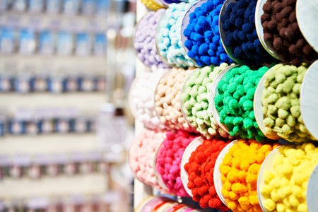 Assortment of colored threads for knitting in decor shopの写真素材