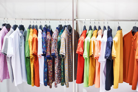 Men's shirts with short sleeves in the clothing storeの写真素材