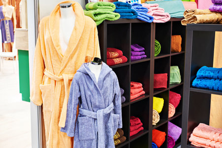 Terry towels and bathrobes in shopの写真素材