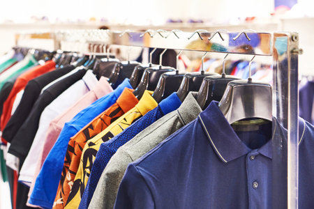Men's shirts with short sleeves in the clothing storeの写真素材