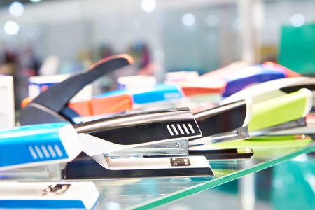 Stationery staplers on a shop window