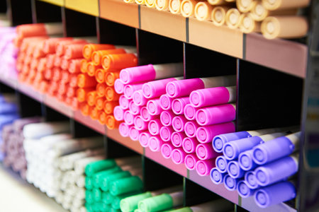 Colored markers on a store shelfの写真素材