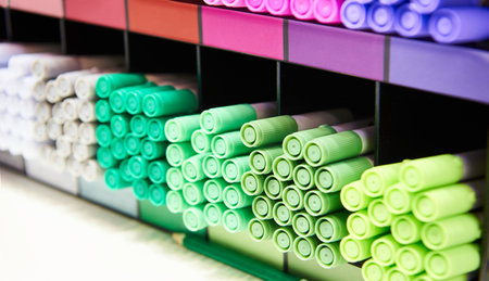 Colored green markers on a store shelfの写真素材