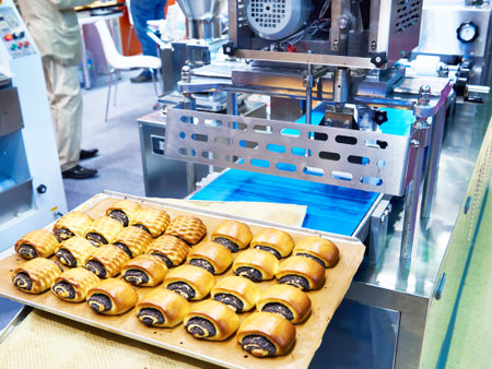 Buns with poppy seed filling on the confectionery machine conveyor