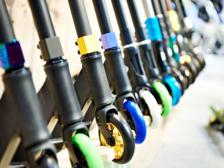 Rubber wheels of scooters in a storeの写真素材