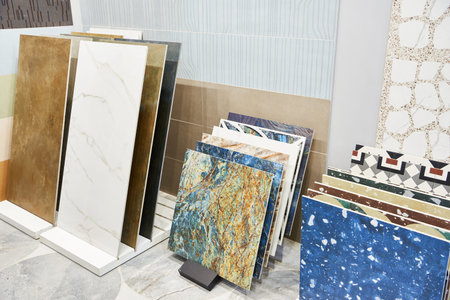 Colored pattern porcelain stoneware tiles in a store