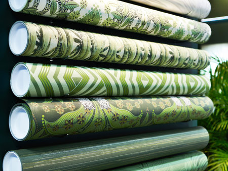 Rolls of wallpaper on a showcase in a store