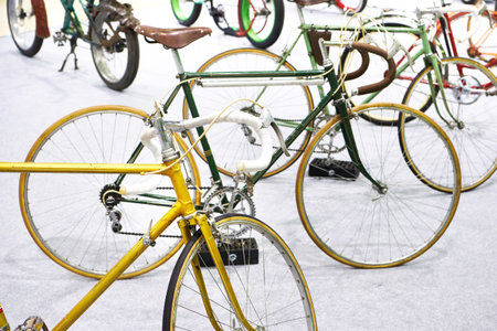 Old vintage road racing bikes on displayの写真素材