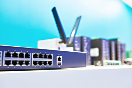 Switches and communication system components on display in store