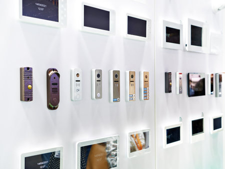 Intercom control panels with monitors on display in a storeの写真素材