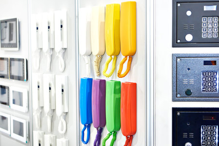 Colored handsets, control panels and intercom monitors on display in a store