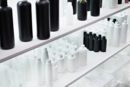 Plastic bottles for food and household chemicals in store exhibition