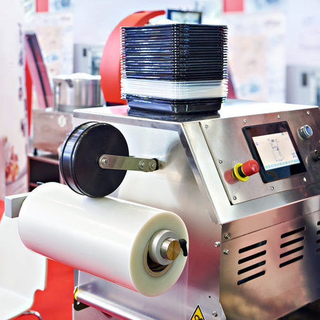 Industrial machine for packing plastic boxes in food production