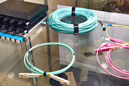Fiber optic cables with connectors on the switchの写真素材