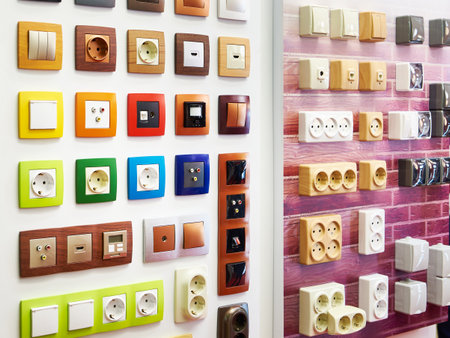 Wall mounted home electrical outlets in storeの写真素材