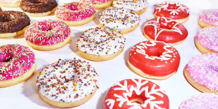 Colored donuts on a shop windowの写真素材