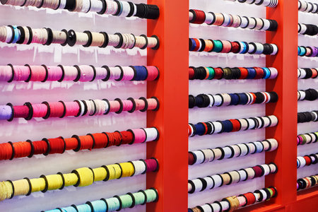 Multicolored ribbons and braid in a sewing shop