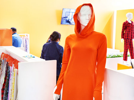 Bright orange hoodie on a mannequin in a fabric storeの写真素材