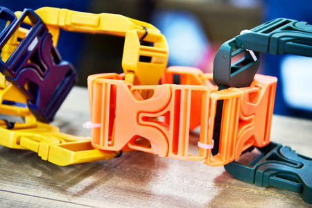 Colored plastic buckles for belts of backpacks and bags in storeの写真素材