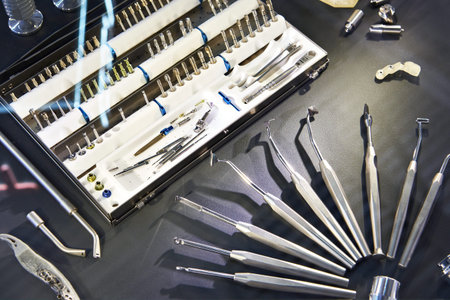 Titanium dental instruments drills and drives in tool box