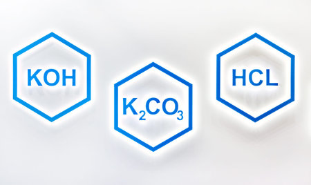 Potassium hydroxide, potassium carbonate and sodium chloride. Formulas of chemical compounds