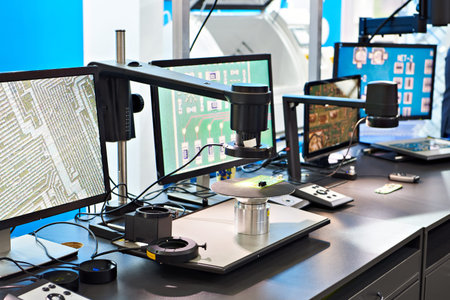 Electronic boards and chips, industrial microscope and monitors
