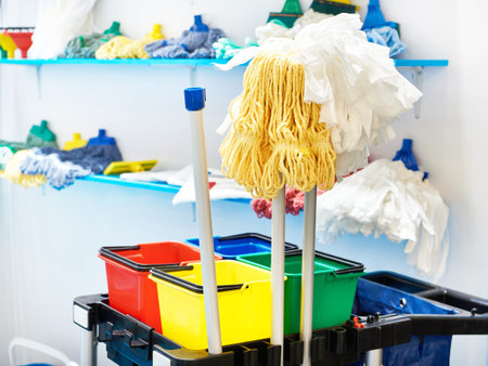 Cleaning trolleys, brushes and buckets in store exhibition