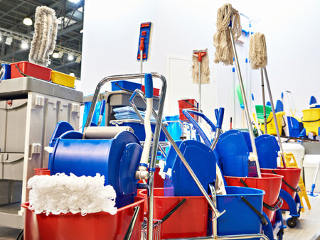 Cleaning trolleys and buckets in store exhibitionの写真素材