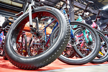 Wheel of modern mountain bicycles in sports shop