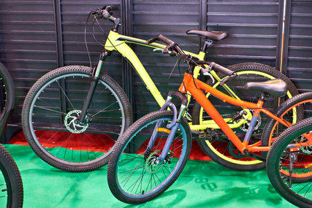 Row modern mountain bicycles in sports shop
