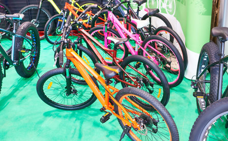 Row modern children mountain bicycles in sports shop