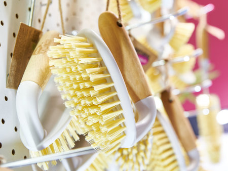 Household brushes with wooden handles in the store